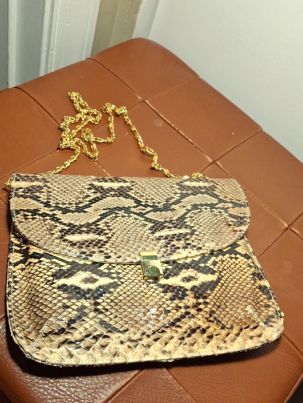 Dushko Tan Snake-Print Clutch/Shoulder Bag